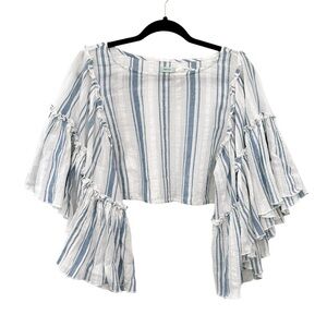 KIMCHI BLUE Urban Outfitters Raine Bell Sleeve Blouse Cropped Blue White Striped